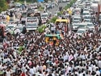 Nagpur: Prahar Janshakti Party leader Bachchu Kadu, along with supporters and farmers, block the Nagpur�Hyderabad National Highway (NH-44) during a protest demanding loan waivers for farmers.