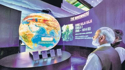 **EDS: THIRD PARTY IMAGE** In this image released on Oct. 29, 2025, Prime Minister Narendra Modi visits a stall at an exhibition during the Maritime Leaders Conclave at the India Maritime Week 2025 event, in Mumbai. (PMO via PTI Photo) (PTI10_29_2025_000387B) (PMO) **EDS: THIRD PARTY IMAGE** In this image released on Oct. 29, 2025, Prime Minister Narendra Modi visits a stall at an exhibition during the Maritime Leaders Conclave at the India Maritime Week 2025 event, in Mumbai. (PMO via PTI Photo) (PTI10_29_2025_000387B) (PMO)