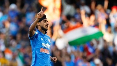 India's Arshdeep Singh celebrates after taking the wicket Australia's Mitch Marsh. (AP) India's Arshdeep Singh celebrates after taking the wicket Australia's Mitch Marsh. (AP)
