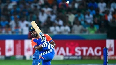 Sanju Samson plays a shot during the Asia Cup 2025 Twenty20 international cricket final match between India and Pakistan. (AFP)