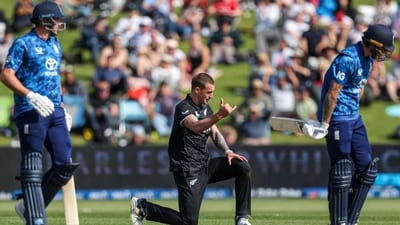 New Zealand's Blair Tickner celebrates a wicket during the second one-day international (ODI) cricket match between New Zealand and England (AFP) New Zealand's Blair Tickner celebrates a wicket during the second one-day international (ODI) cricket match between New Zealand and England (AFP)