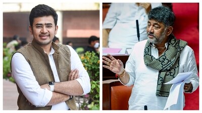 BJP MP from Bangalore South Tejasvi Surya and Karnataka deputy chief minister DK Shivakumar . (File) BJP MP from Bangalore South Tejasvi Surya and Karnataka deputy chief minister DK Shivakumar . (File)