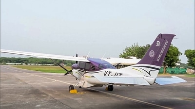 A view of aircraft for cloud seeding in Delhi, take off from Kanpur, on Tuesday. (ANI video) A view of aircraft for cloud seeding in Delhi, take off from Kanpur, on Tuesday. (ANI video)