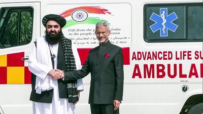 External affairs minister S Jaishankar (right) hands over five ambulances as a goodwill gesture to Afghanistan's foreign minister Mawlawi Amir Khan Muttaqi, in New Delhi. (ANI File) External affairs minister S Jaishankar (right) hands over five ambulances as a goodwill gesture to Afghanistan's foreign minister Mawlawi Amir Khan Muttaqi, in New Delhi. (ANI File)