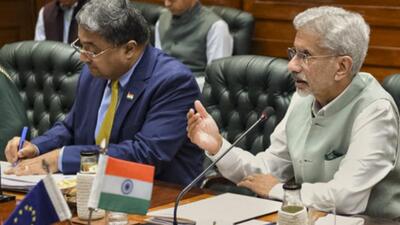 External affairs minister S Jaishankar during a meeting with delegation of European Parliament’s Committee on International Trade, in New Delhi. (@DrSJaishankar/via PTI) External affairs minister S Jaishankar during a meeting with delegation of European Parliament’s Committee on International Trade, in New Delhi. (@DrSJaishankar/via PTI)