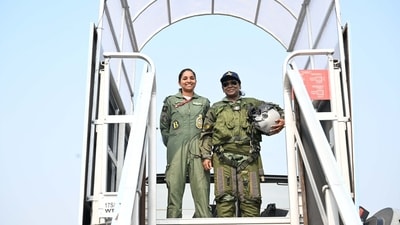 President Murmu with Squadron Leader Shivangi Singh at the Ambala base of the Indian Air Force on Wednesday, October 29. (X/@rashtrapatibhvn) President Murmu with Squadron Leader Shivangi Singh at the Ambala base of the Indian Air Force on Wednesday, October 29. (X/@rashtrapatibhvn)