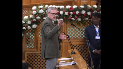 J&K CM Omar Abdullah during assembly session in Srinagar on Wednesday. (Waseem Andrabi /HT) J&K CM Omar Abdullah during assembly session in Srinagar on Wednesday. (Waseem Andrabi /HT)