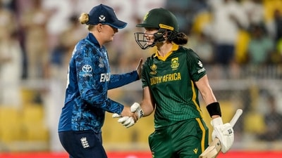 South Africa's captain Laura Wolvaardt (R) is congratulated by England's Sophie Ecclestone for scoring 169 runs. (AFP) South Africa's captain Laura Wolvaardt (R) is congratulated by England's Sophie Ecclestone for scoring 169 runs. (AFP)