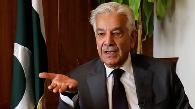 Pakistan's Defence Minister Khawaja Muhammad Asif speaks during an interview with Reuters in Islamabad, Pakistan, October 20, 2025. (REUTERS)