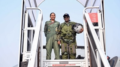 President Droupadi Murmu strikes a pose before the camera, before she took a sortie in a Rafale fighter jet at an Air Force Station in Haryana's Ambala on Wednesday. (ANI) President Droupadi Murmu strikes a pose before the camera, before she took a sortie in a Rafale fighter jet at an Air Force Station in Haryana's Ambala on Wednesday. (ANI)
