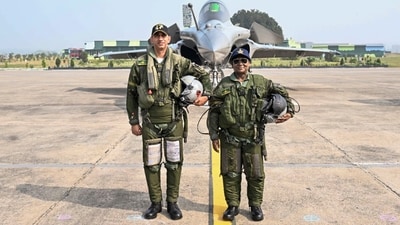 President Droupadi Murmu poses with an IAF official, moments before she embarked on a sortie in the Rafale fighter jet at air force station at Haryana's Ambala. The first batch of five Rafale aircraft, which arrived in India from France on July 27, 2020, was inducted into the 17 Squadron, the 'Golden Arrows'. (Rashtrapati Bhavan/PTI) President Droupadi Murmu poses with an IAF official, moments before she embarked on a sortie in the Rafale fighter jet at air force station at Haryana's Ambala. The first batch of five Rafale aircraft, which arrived in India from France on July 27, 2020, was inducted into the 17 Squadron, the 'Golden Arrows'. (Rashtrapati Bhavan/PTI)