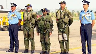 President Droupadi Murmu with Chief of the Air Staff Air Chief Marshal AP Singh and others before she takes a sortie in Rafale fighter jet, at Air Force Station in Haryana's Ambala on Wednesday. (@PresidentOfIndia/PTI) President Droupadi Murmu with Chief of the Air Staff Air Chief Marshal AP Singh and others before she takes a sortie in Rafale fighter jet, at Air Force Station in Haryana's Ambala on Wednesday. (@PresidentOfIndia/PTI)