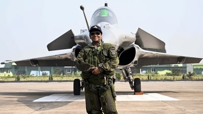 President Droupadi Murmu strikes a pose with the majestic Rafale aircraft before she takes a sortie at Air Force Station in Haryana's Ambala. She was seen dressed up in uniform, carrying a helmet ahead of the sortie. (Rashtrapati Bhavan/PTI) President Droupadi Murmu strikes a pose with the majestic Rafale aircraft before she takes a sortie at Air Force Station in Haryana's Ambala. She was seen dressed up in uniform, carrying a helmet ahead of the sortie. (Rashtrapati Bhavan/PTI)