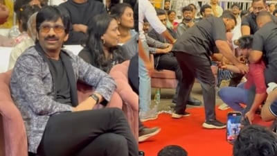 Ravi Teja and Suriya were surprised by a fan breaking security at the pre-release event of Mass Jathara. (Pic credit: Tollywood Tide) Ravi Teja and Suriya were surprised by a fan breaking security at the pre-release event of Mass Jathara. (Pic credit: Tollywood Tide)