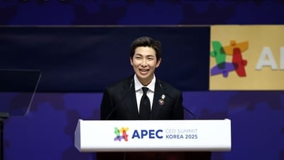 South Korean artist Kim Nam-joon, also known professionally as RM, a member of pop band BTS, during the APEC CEO Summit in Gyeongju, South Korea, on Wednesday. (Bloomberg) South Korean artist Kim Nam-joon, also known professionally as RM, a member of pop band BTS, during the APEC CEO Summit in Gyeongju, South Korea, on Wednesday. (Bloomberg)