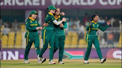 South African players celebrate after qualifying for the ICC Women's World Cup final. (AP) South African players celebrate after qualifying for the ICC Women's World Cup final. (AP)