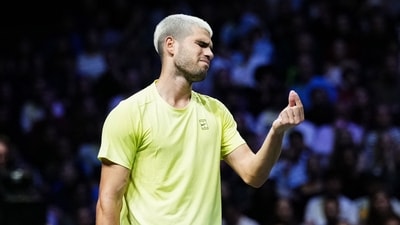 Spain's Carlos Alcaraz reacts as he plays against Britain's Cameron Norrie during their men's singles match on day two of the Paris ATP Masters (AFP) Spain's Carlos Alcaraz reacts as he plays against Britain's Cameron Norrie during their men's singles match on day two of the Paris ATP Masters (AFP)