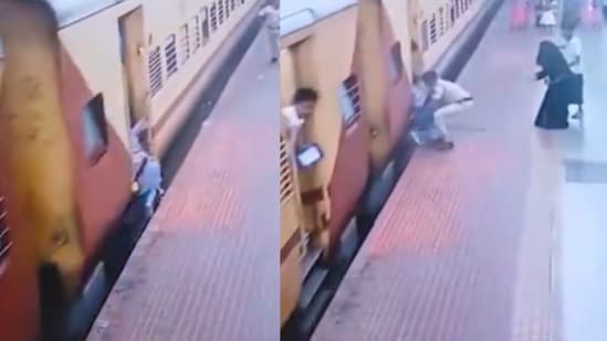 CCTV captured the woman slipping dangerously close to the platform gap. (@GMSRailway/X)