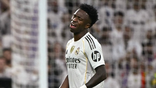 Real Madrid's Brazilian forward #07 Vinicius Junior reacts as he is substituted against Barcelona. (AFP)