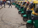 Gurugram traffic police introduce numbered parking for autos outside Iffco Chowk Metro to prevent crowding and ensure smooth commuter flow (HT Photo)
