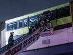 Mumbai, India. August 19, 2025: The monorail was stranded between Bhakti Park and Mysore Colony Station due to heavy rain. The Mumbai fire brigade rescued 200 passengers safely. Mumbai, India. August 19, 2025. (Photo by Raju Shinde/HT Photo) (Raju Shinde) Mumbai, India. August 19, 2025: The monorail was stranded between Bhakti Park and Mysore Colony Station due to heavy rain. The Mumbai fire brigade rescued 200 passengers safely. Mumbai, India. August 19, 2025. (Photo by Raju Shinde/HT Photo) (Raju Shinde)