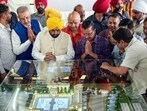 Punjab chief minister Bhagwant Mann and AAP national convenor Arvind Kejriwal, along with other party leaders at the Kali Mata temple in Patiala on Thursday. (ANI) Punjab chief minister Bhagwant Mann and AAP national convenor Arvind Kejriwal, along with other party leaders at the Kali Mata temple in Patiala on Thursday. (ANI)