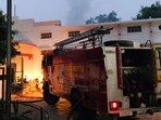 The blaze at the Northern Railway Divisional Hospital in Alambagh in the wee hours of Monday. (HT Photo) The blaze at the Northern Railway Divisional Hospital in Alambagh in the wee hours of Monday. (HT Photo)