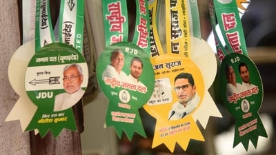 Election paraphernalia on display at a shop in Patna ahead of Bihar assembly polls 2025. (Santosh Kumar/ HT Photo)