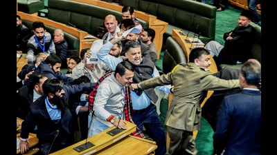 BJP MLAs marshalled out for protesting the rejection of their adjournment motion in the Jammu and Kashmir assembly in Srinagar on Thursday. (ANI) BJP MLAs marshalled out for protesting the rejection of their adjournment motion in the Jammu and Kashmir assembly in Srinagar on Thursday. (ANI)