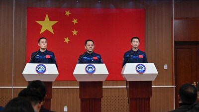 Astronauts for China's Shenzhou-21 space mission Zhang Hongzhang (L), Commander Zhang Lu (C) and Wu Fei (R) attend a press conference a day before the launch of the mission (AFP) Astronauts for China's Shenzhou-21 space mission Zhang Hongzhang (L), Commander Zhang Lu (C) and Wu Fei (R) attend a press conference a day before the launch of the mission (AFP)