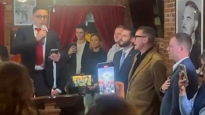Alternative for Germany (AfD)'s Jan Wenzel Schmidt (R), member of Germany's lower house of parliament Bundestag and AfD's Christian von Hoffmeister sing "Germany, Germany above all", the tabooed verse of the German national anthem, together with singer Emilio Pons and Stefano Forte (3rd R), president of the New York Young Republican Club, at a gathering, in a Manhattan club in New York City, U.S. (REUTERS)