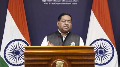Ministry of External Affairs spokesperson Randhir Jaiswal speaks during a media briefing, in New Delhi. (PTI)