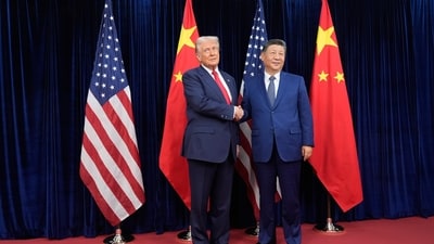 President Donald Trump, left, and Chinese President Xi Jinping, right, shake hands before their meeting before their meeting at Gimhae International Airport in Busan, South Korea, Thursday, Oct. 30, 2025. (AP) President Donald Trump, left, and Chinese President Xi Jinping, right, shake hands before their meeting before their meeting at Gimhae International Airport in Busan, South Korea, Thursday, Oct. 30, 2025. (AP)