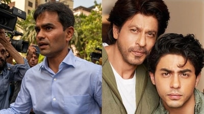 Sameer Wankhede (left), Shah Rukh Khan and son Aryan (right) Sameer Wankhede (left), Shah Rukh Khan and son Aryan (right)