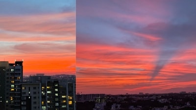 Residents across Bengaluru paused their routines to capture the dramatic sunset. (X/@mister_whistler) Residents across Bengaluru paused their routines to capture the dramatic sunset. (X/@mister_whistler)