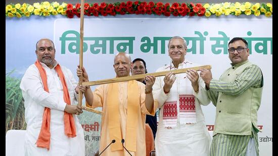 CM Yogi Adityanath during an interaction with farmers from across UP at his residence in Lucknow on Thursday. (Sourced)