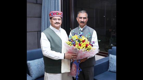 Himachal chief minister meets Union heath minister JP Nadda in New Delhi on Thusrday. (HT Photo)
