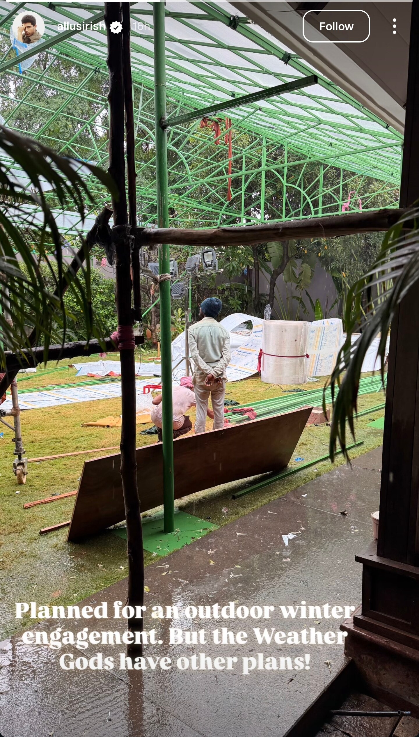 Allu Sirish shared a glimpse of his engagement venue drenched in rain on his Instagram stories. Allu Sirish shared a glimpse of his engagement venue drenched in rain on his Instagram stories.