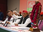 Akhilesh Yadav addressing a press conference in Lucknow.