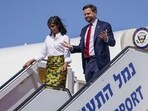 US Vice President JD Vance (R) and Second Lady Usha Vance disembark from their plane upon arriving at Ben Gurion Airport in Tel Aviv on October 21, 2025. US Vice President JD Vance (R) and Second Lady Usha Vance disembark from their plane upon arriving at Ben Gurion Airport in Tel Aviv on October 21, 2025.