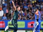 Josh Hazlewood (C) celebrates dismissing India's Suryakumar Yadav in the second T20I in Melbourne on Friday. (AFP) Josh Hazlewood (C) celebrates dismissing India's Suryakumar Yadav in the second T20I in Melbourne on Friday. (AFP)