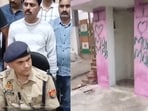 Combination photo of screengrabs of police press conference (L) and video of the alleged graffiti on the temple walls. Combination photo of screengrabs of police press conference (L) and video of the alleged graffiti on the temple walls.