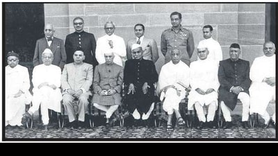(Fourth from right) Sardar Vallabhbhai Patel with President Rajendra Prasad (centre), Prime Minister Jawaharalal Nehru (fourth from left), state governors and Rajpramukhs ahead of a conference at Government House in New Delhi in March 1950. HT archives (Fourth from right) Sardar Vallabhbhai Patel with President Rajendra Prasad (centre), Prime Minister Jawaharalal Nehru (fourth from left), state governors and Rajpramukhs ahead of a conference at Government House in New Delhi in March 1950. HT archives