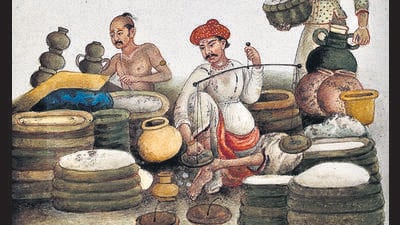 A 19th-century watercolour of a rice seller at a bazaar in Delhi. (Wikimedia) A 19th-century watercolour of a rice seller at a bazaar in Delhi. (Wikimedia)