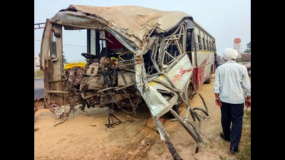 A view of a severely damaged PUNBUS after it collided with a truck leaving one dead and 10 injured at Sirhind road in Patiala on Friday. (ANI) A view of a severely damaged PUNBUS after it collided with a truck leaving one dead and 10 injured at Sirhind road in Patiala on Friday. (ANI)