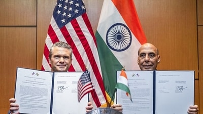 Defence minister Rajnath Singh signs 10 years ‘Framework for the US-India Major Defence Partnership’ with United States Secretary of War Pete Hegseth, in Kuala Lumpur on Friday. (PTI) Defence minister Rajnath Singh signs 10 years ‘Framework for the US-India Major Defence Partnership’ with United States Secretary of War Pete Hegseth, in Kuala Lumpur on Friday. (PTI)