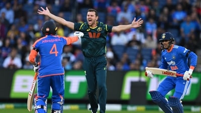 Hazlewood started as he meant to go on, beating Shubman Gill on the inside edge, then the outside edge, before hitting him firmly on the helmet with a sharp bouncer, all in the first three balls of the match. He would later snap up SKY and Tilak Varma in the same over. (AP) Hazlewood started as he meant to go on, beating Shubman Gill on the inside edge, then the outside edge, before hitting him firmly on the helmet with a sharp bouncer, all in the first three balls of the match. He would later snap up SKY and Tilak Varma in the same over. (AP)