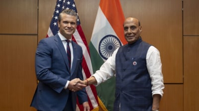 Defence minister Rajnath Singh and his US counterpart, Pete Hegseth, in Malaysia’s Kuala Lumpur. (X) Defence minister Rajnath Singh and his US counterpart, Pete Hegseth, in Malaysia’s Kuala Lumpur. (X)