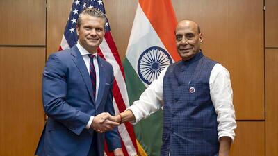 Defence minister Rajnath Singh with his US counterpart Pete Hegseth in Malaysia. (PTI) Defence minister Rajnath Singh with his US counterpart Pete Hegseth in Malaysia. (PTI)