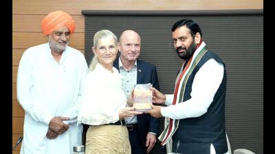 Haryana chief minister Nayab Singh Saini with the delegation from Denmark in Chandigarh on Friday. (Source:X)